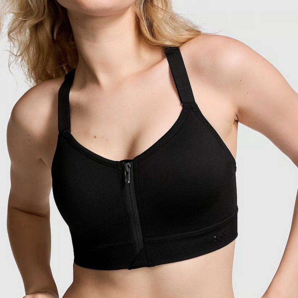 PINK SEAMLESS AIR FRONT-CLOSE HIGH-SUPPORT SPORTS BRA Black (M) NWT!